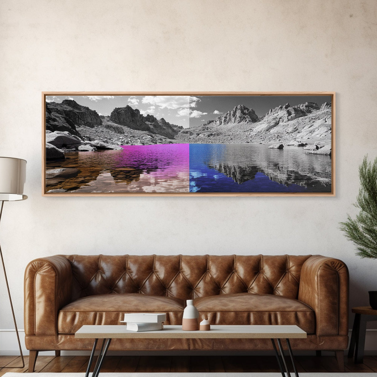 Split Color Lake, Fantasy Water Reflections, Surreal Landscape Scene, Framed Canvas Print, Bedroom Wall Art, Dreamy Nature Style