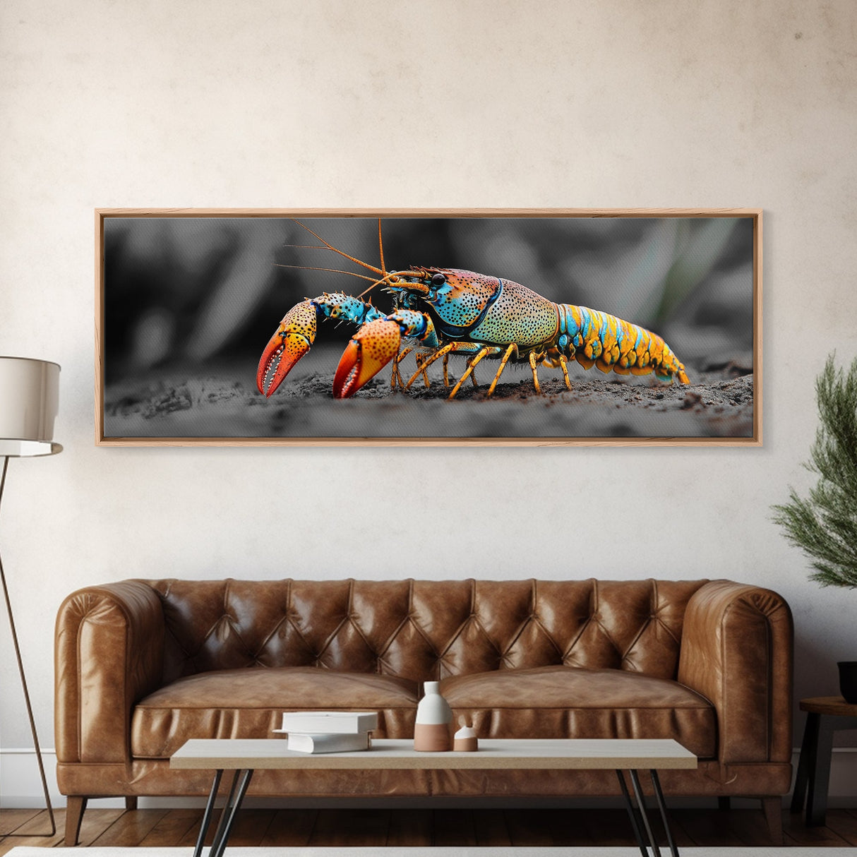 Rainbow Lobster Macro, Exotic Crustacean Art, Vivid Ocean Creature, Framed Canvas Print, Kitchen Wall Art, Coastal Nature Decor