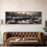 Peaceful Creek View, Fall Foliage Forest, Nature Wall Art, Fishing Scene, Framed Canvas Print, Rustic Home Decor, Autumn Photography
