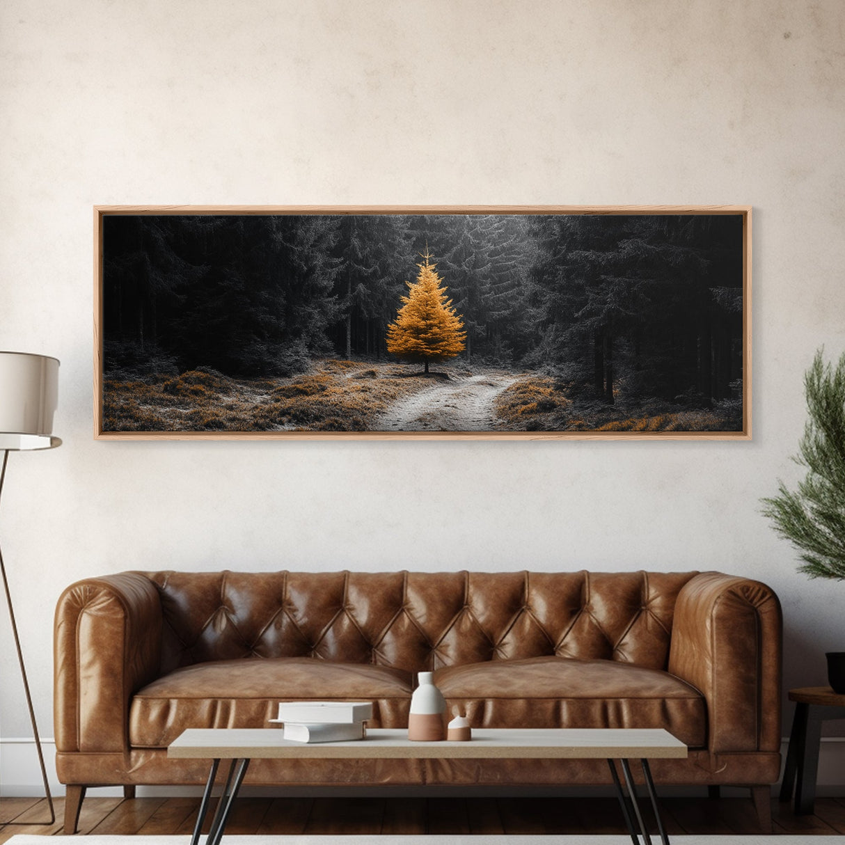 Lone Golden Tree, Forest Path Landscape, Moody Nature Wall Art, Framed Canvas Print, Minimalist Fall Decor, Entryway Accent Piece