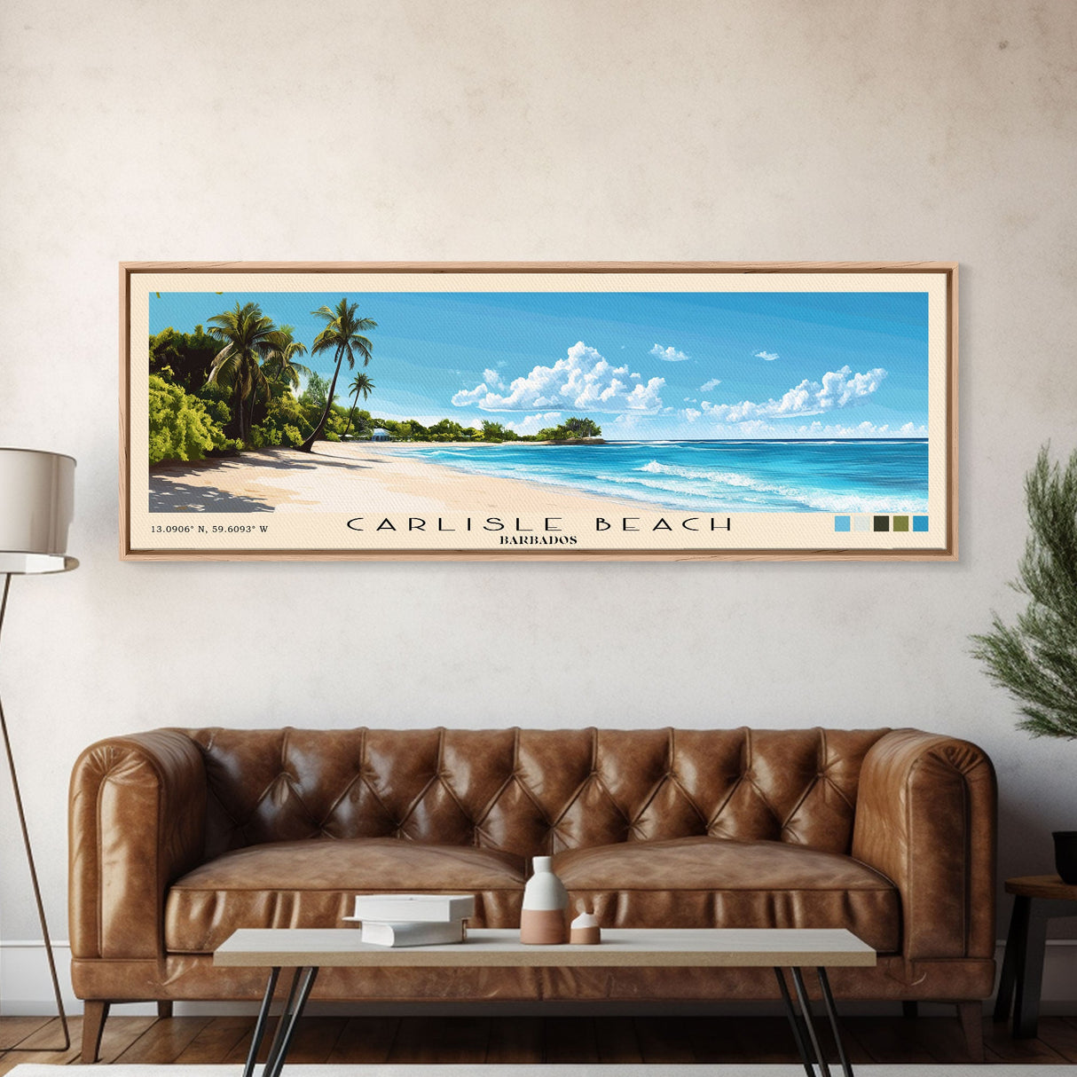 Carlisle Beach, Barbados Panoramic Beach Print, Vacation Gift, Barbados Wall Art, Framed Canvas Print, Framed Beach Painting