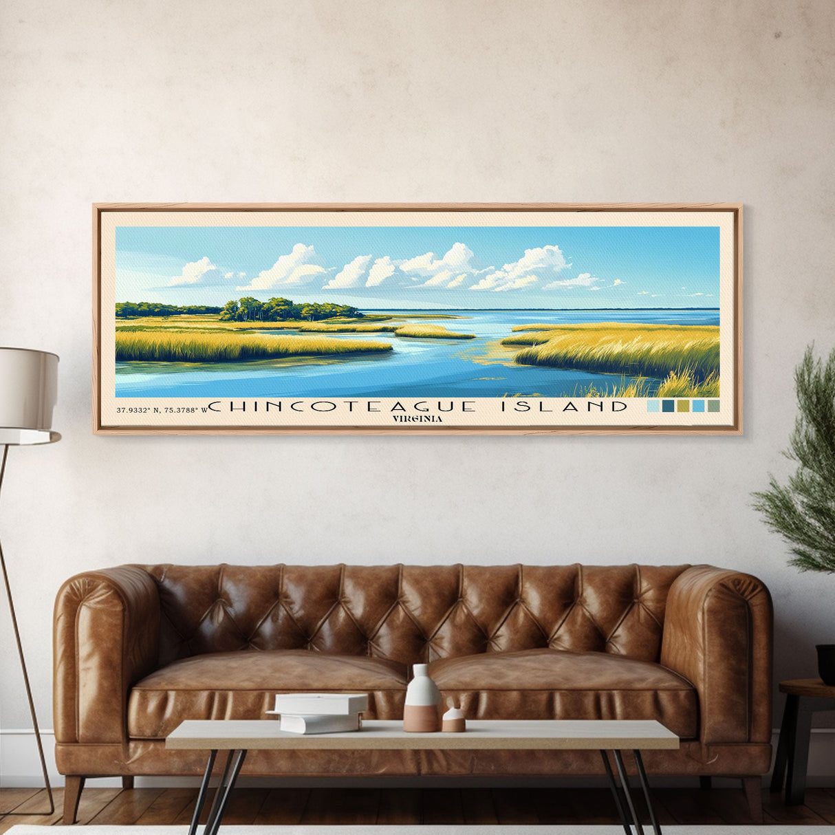 Chincoteague Island, Virginia Panoramic Beach Print, Vacation Gift, Virginia Wall Art, Framed Canvas Print, Framed Beach Painting