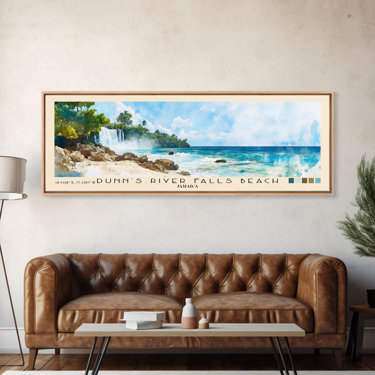 Dunn’s River Falls Beach, Jamaica Watercolor Print, Vacation Gift, Jamaica Wall Art, Beach Painting, Beach Decor, Large Wall Art, Wood Frame Art