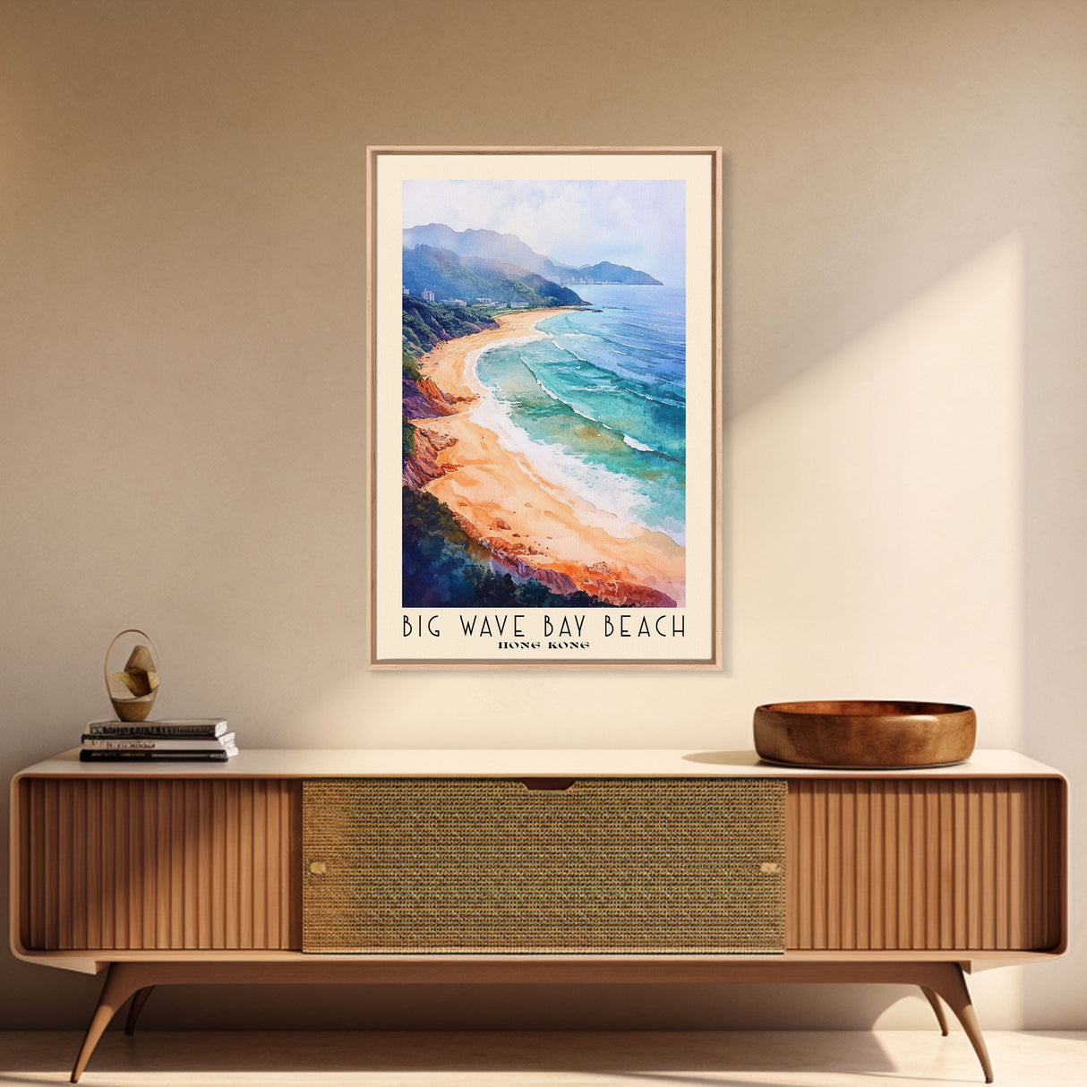 Big Wave Bay Beach, Hong Kong Watercolor Print, Vacation Gift, Hong Kong Wall Art, Beach Painting, Beach Decor, Large Wall Art, Wood Frame Art