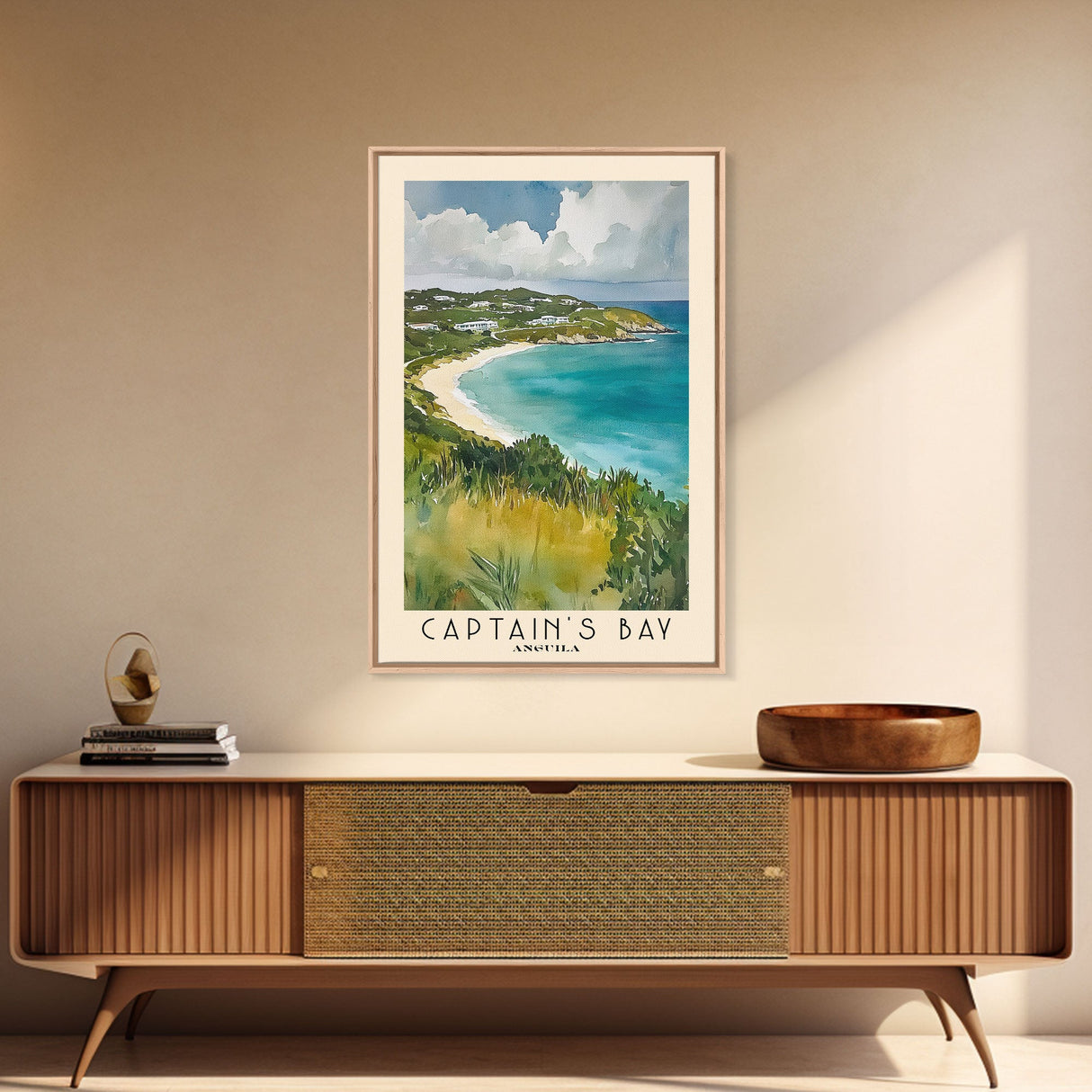 Captain's Bay, Anguila Watercolor Print, Vacation Gift, Anguila Wall Art, Beach Painting, Beach Decor, Large Wall Art, Wood Frame Art
