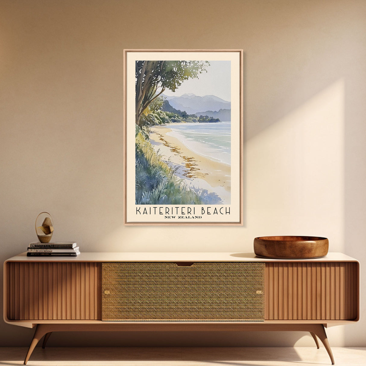Kaiteriteri Beach, New Zealand Watercolor Beach Print, Vacation Gift, New Zealand Wall Art, Framed Canvas Print, Framed Beach Painting