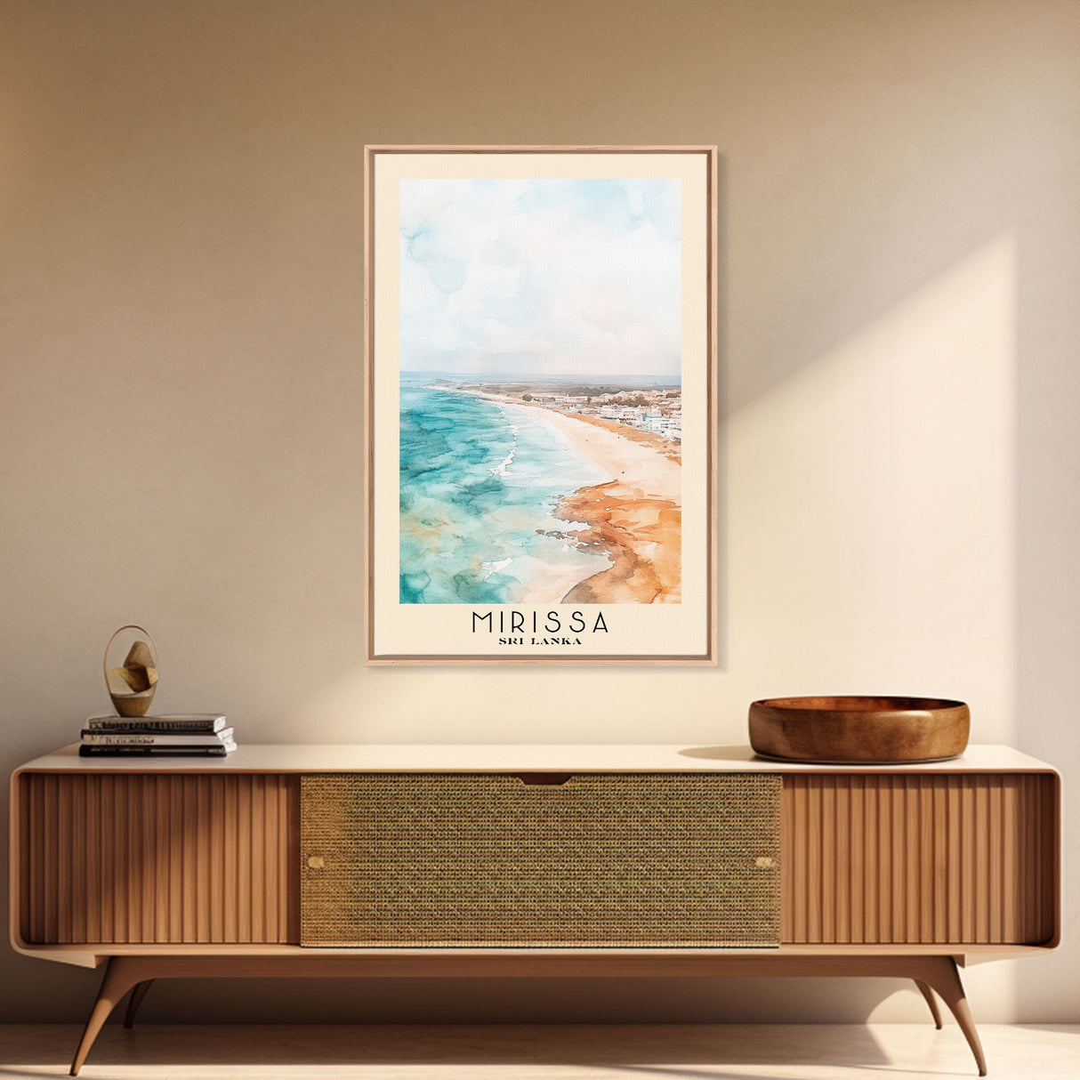 Mirissa, Sri Lanka Watercolor Beach Print, Vacation Gift, Sri Lanka Wall Art, Framed Canvas Print, Framed Beach Painting