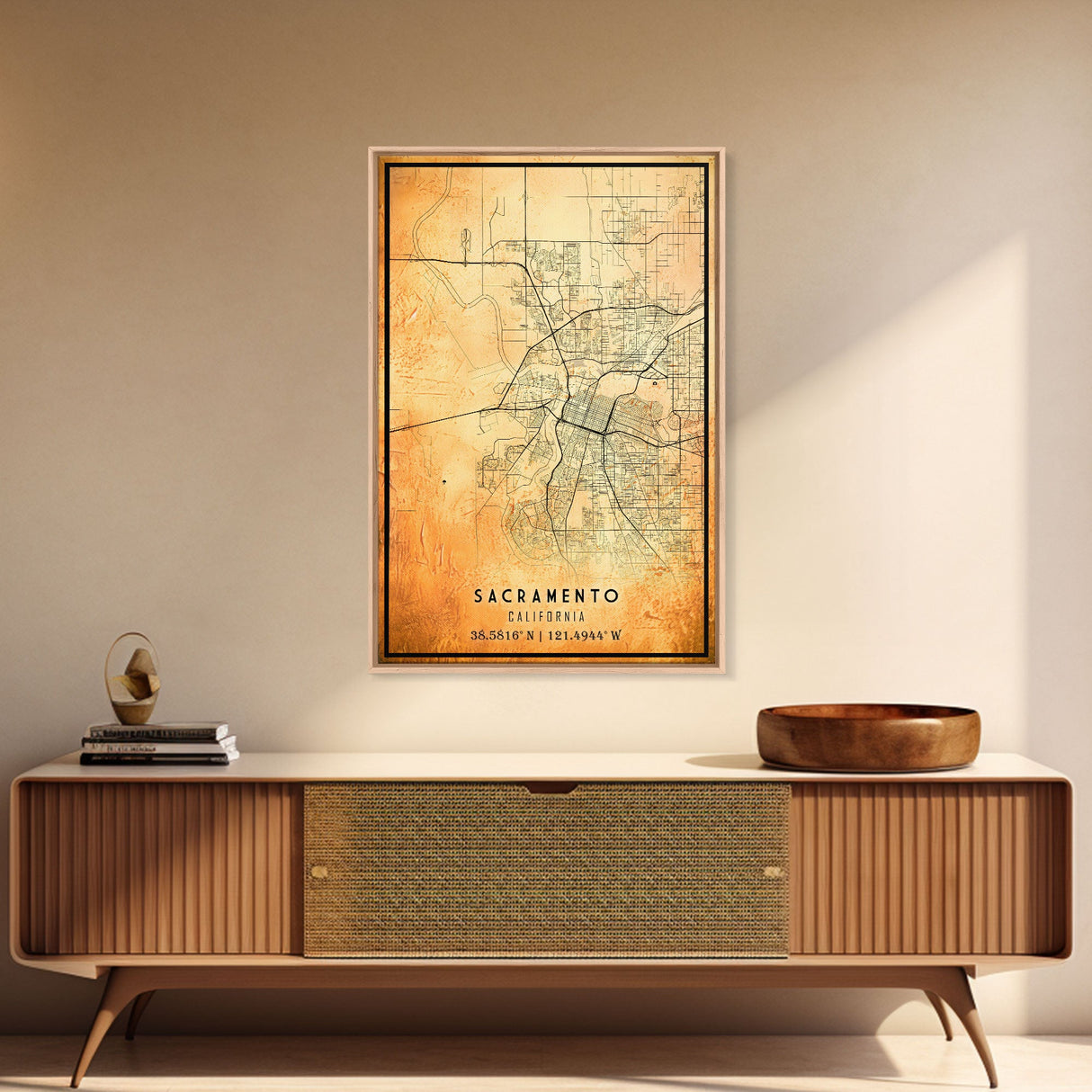 Vintage Sacramento map print poster or framed canvas | Sacramento city map print poster canvas | Sacramento, California print poster canvas