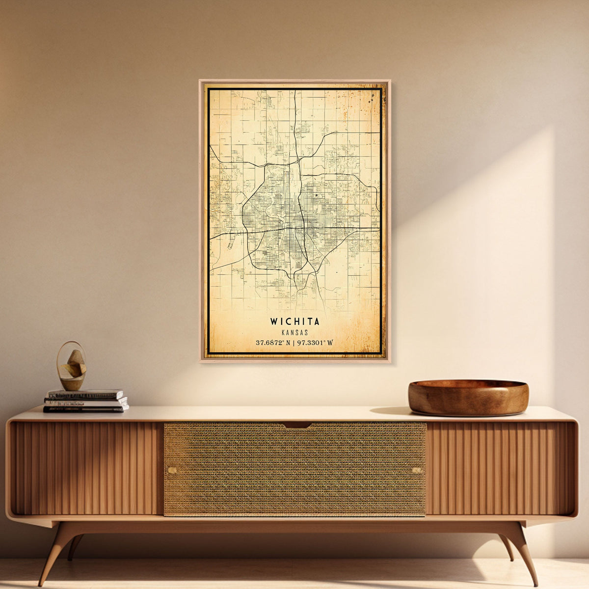 Vintage Wichita Kansas map print poster or framed canvas, Wichita map print poster canvas, Wichita city map print poster canvas, Travel Art