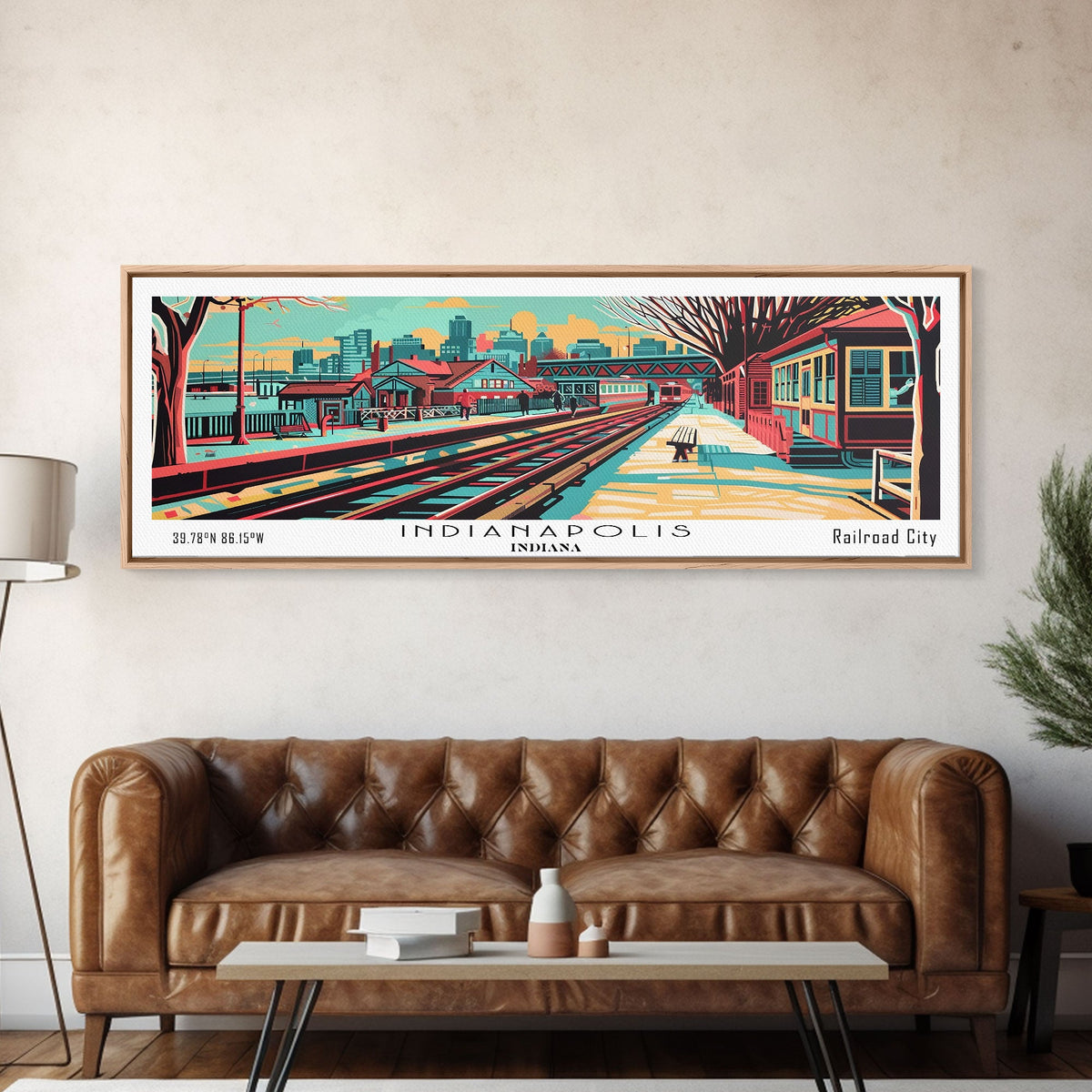 Indianapolis Indiana Panoramic Travel Poster Framed Canvas Print, Mid Century Modern Art, Pop Art Style, Wall Decor, Office Art, Living Room Art