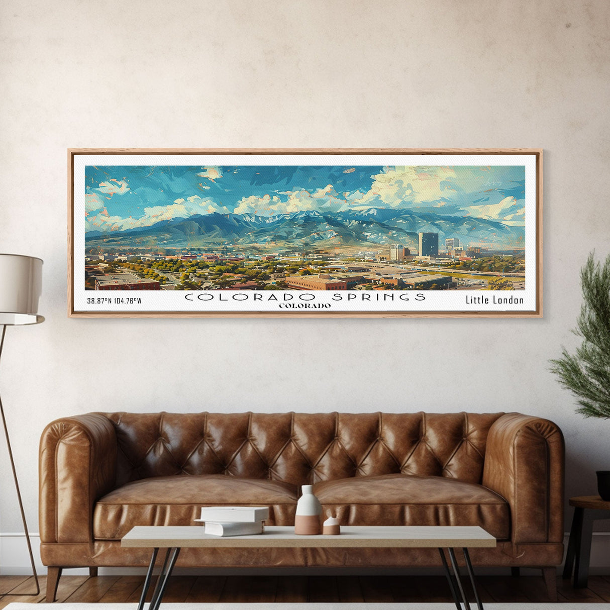 Colorado Springs Colorado Panoramic Watercolor Painting Framed Canvas Print, Travel Poster Art, Mountain Cityscape, Living Room Decor, Wall Art, Office Decoration, Colorado Gift