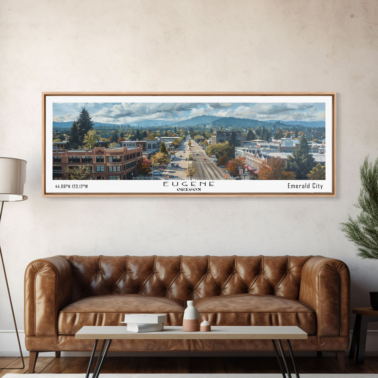 Eugene Oregon Panoramic Watercolor Painting, Scenic Framed Canvas Print, Urban Wall Art for Office, Travel Poster, Home Decor, City Gift Idea