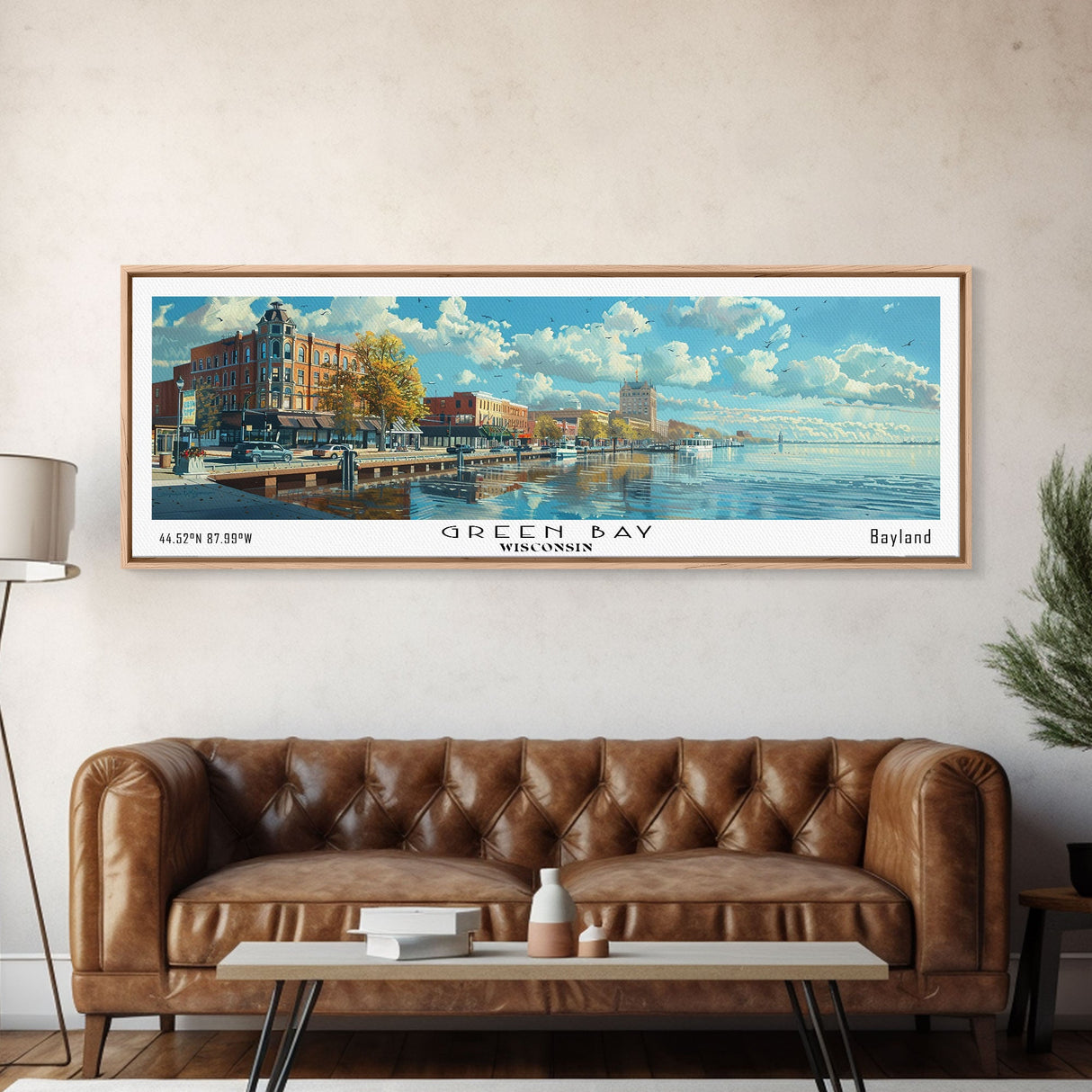 Green Bay Wisconsin Panoramic Watercolor Painting, Urban Framed Canvas Print, Cityscape Wall Art for Office, Travel Decor, Home Gift Idea