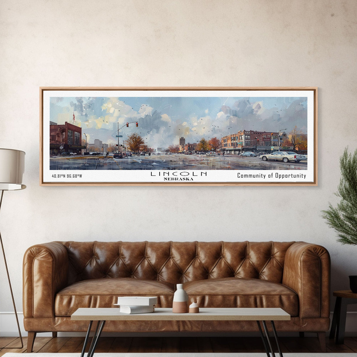 Lincoln Nebraska Panoramic Watercolor Cityscape, Framed Canvas Print for Living Room, Office Wall Art, Urban Decor, Travel Poster