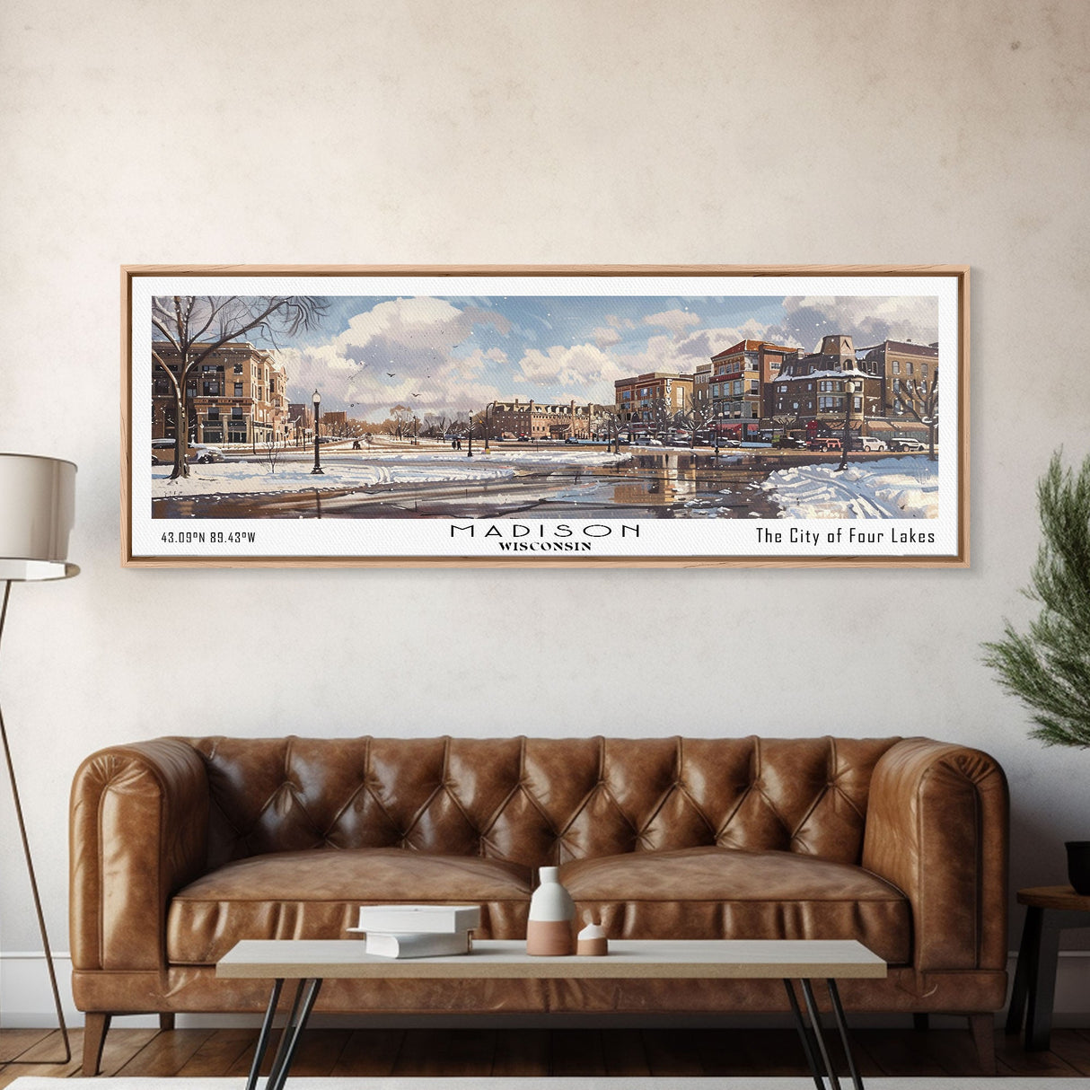 Madison Wisconsin Panoramic Watercolor Cityscape, Framed Canvas Print for Living Room, Office Wall Art, Urban Decor, Travel Poster