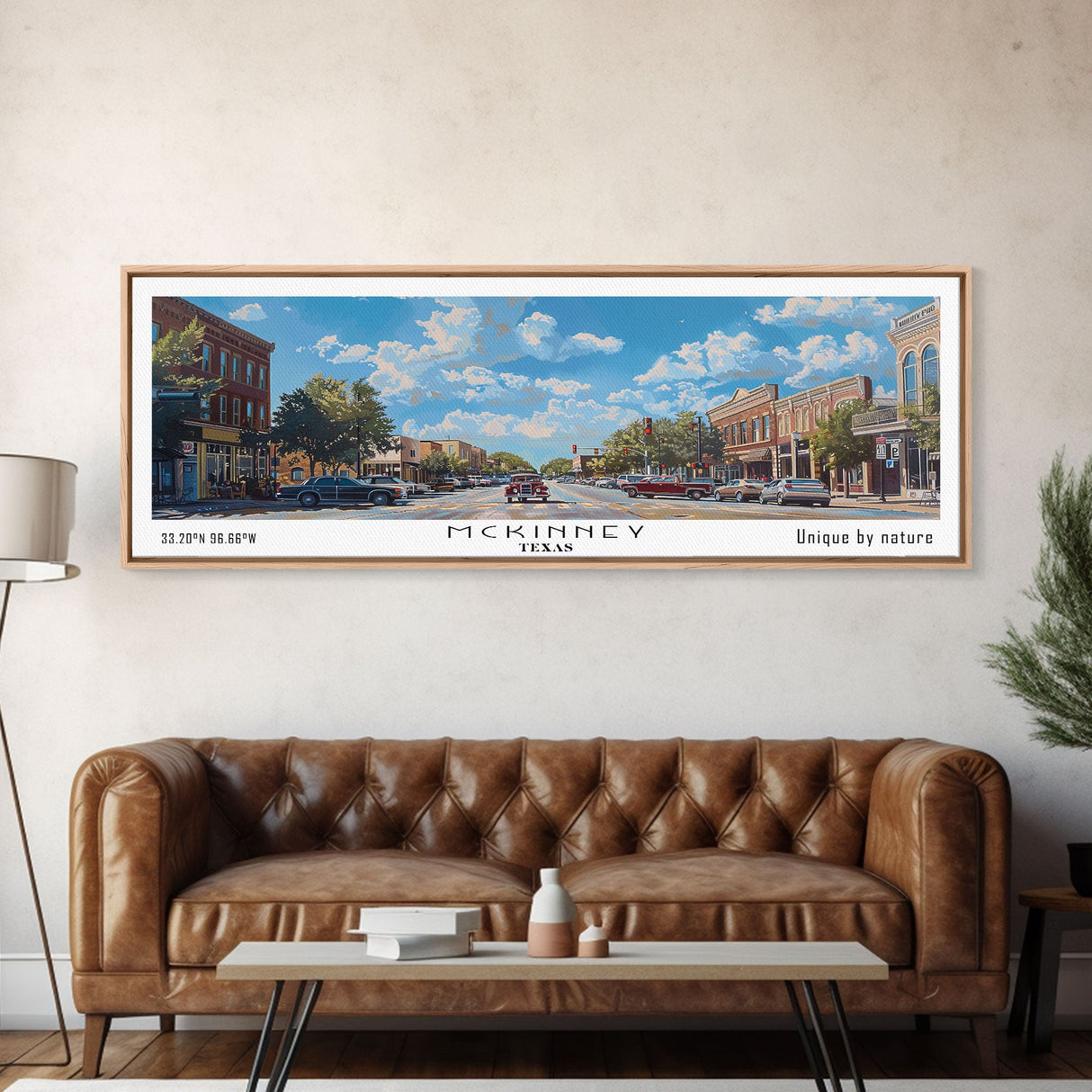 McKinney Texas Panoramic Framed Canvas Print, Beautiful Watercolor Art, Perfect Office Wall Decor, Living Room Art, Travel Poster, City Print