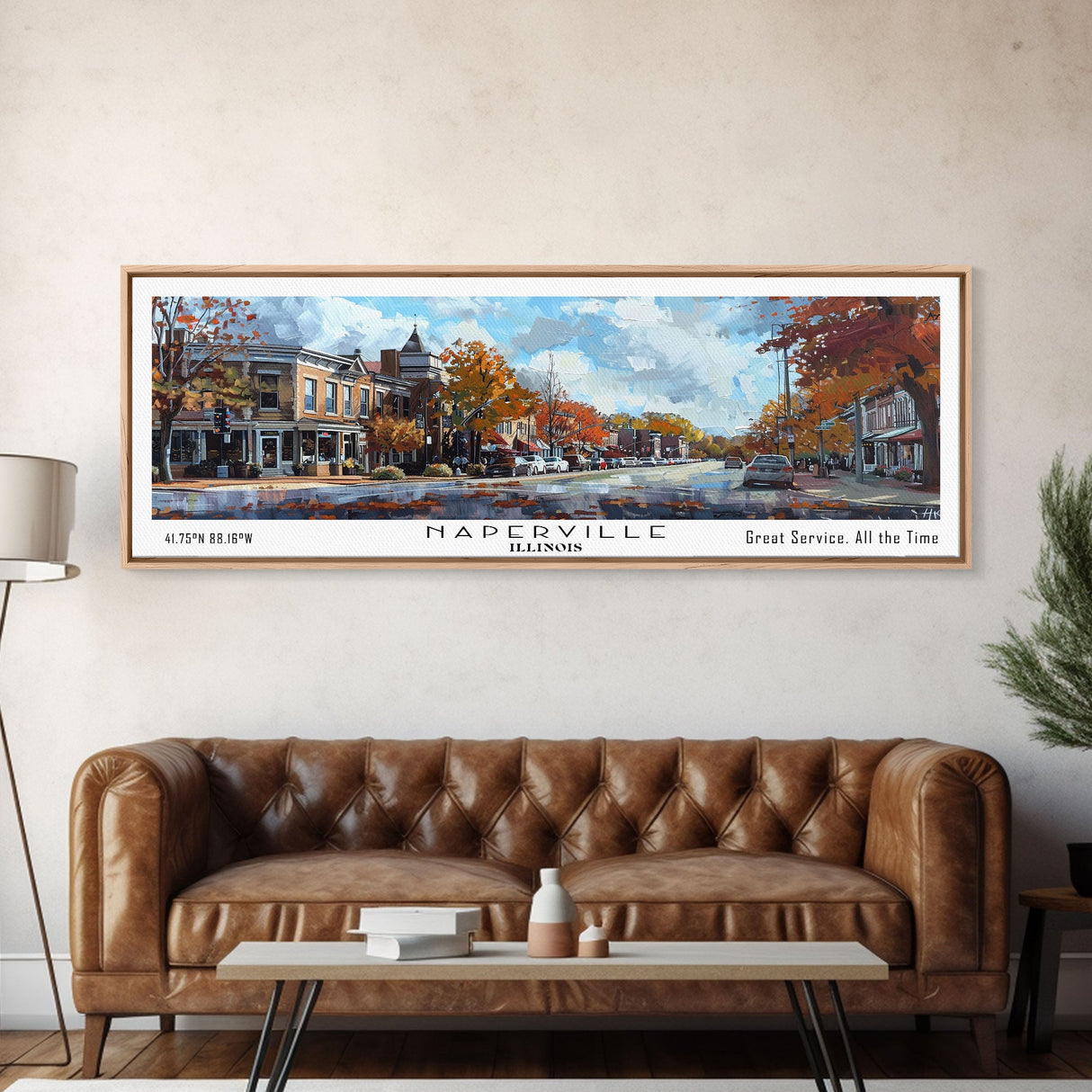 Naperville Illinois Panoramic Framed Canvas Print, Watercolor Cityscape, Office Wall Art, Travel Poster, Living Room Decor, City Art