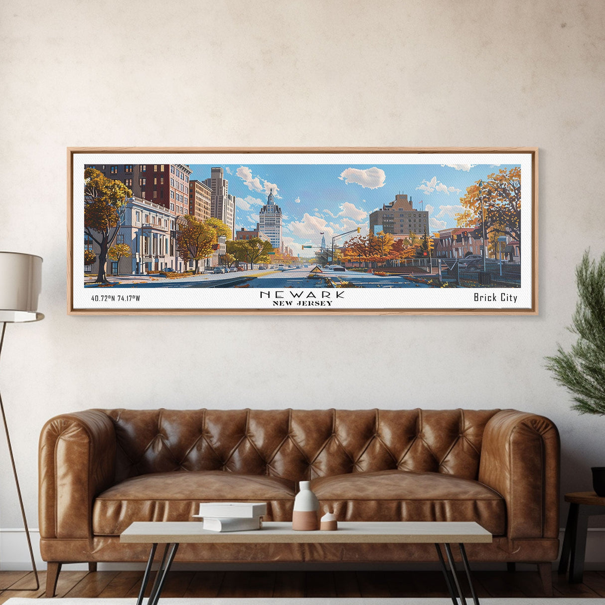 Newark New Jersey Panoramic Framed Canvas Print, Watercolor City Art, Office Wall Decor, Travel Poster, Living Room Decor, City Art