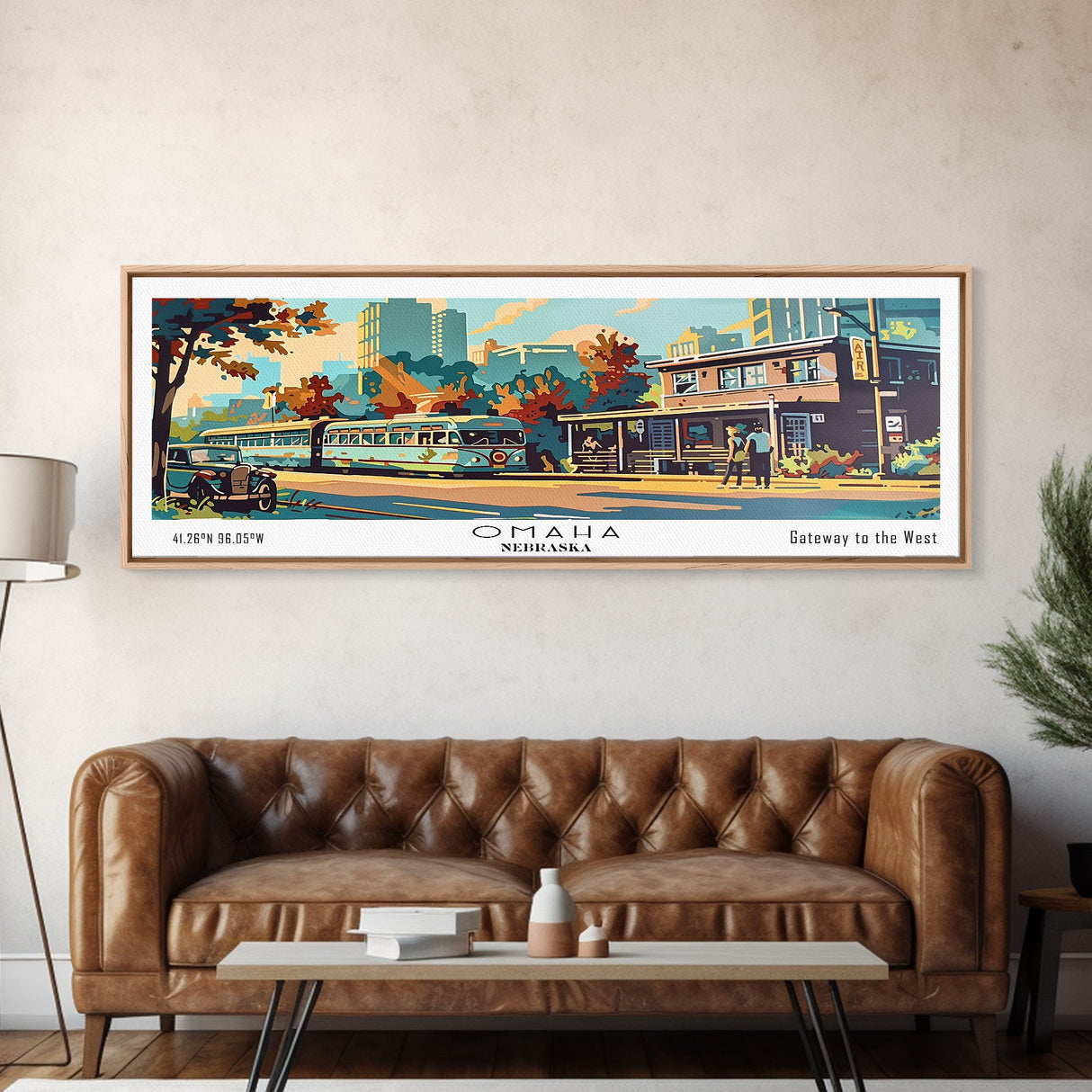 Omaha Nebraska Panoramic Painting, Mid Century Modern Framed Canvas Print, Retro Pop Art Travel Poster, Living Room Art, Home Decor, Office Wall Art, Vintage Style
