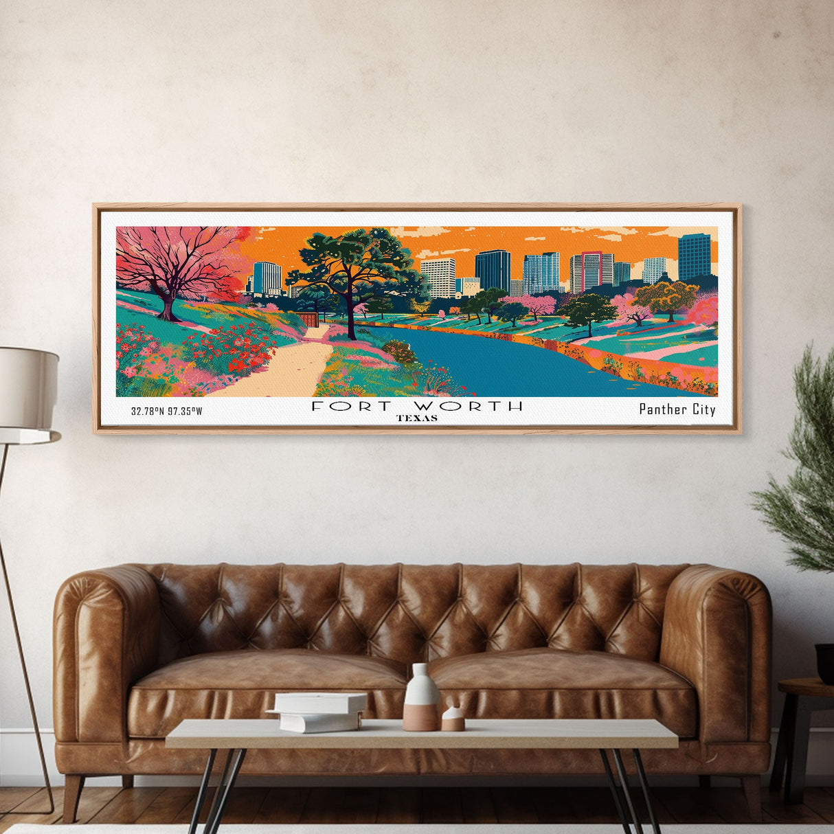 Fort Worth Texas Panoramic Painting, Mid Century Modern Framed Canvas Print, Retro Pop Art Travel Poster, Office Wall Decor