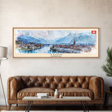 Thun Switzerland Panoramic Travel Poster, Framed Canvas Print or Metal Wall Art, Travel Art, Home Decor, Panoramic Painting, Midcentury Art