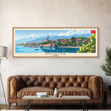 Antalya Turkey Panoramic Travel Poster, Framed Canvas Print or Metal Wall Art, Travel Art, Home Decor, Panoramic Painting, Midcentury Art
