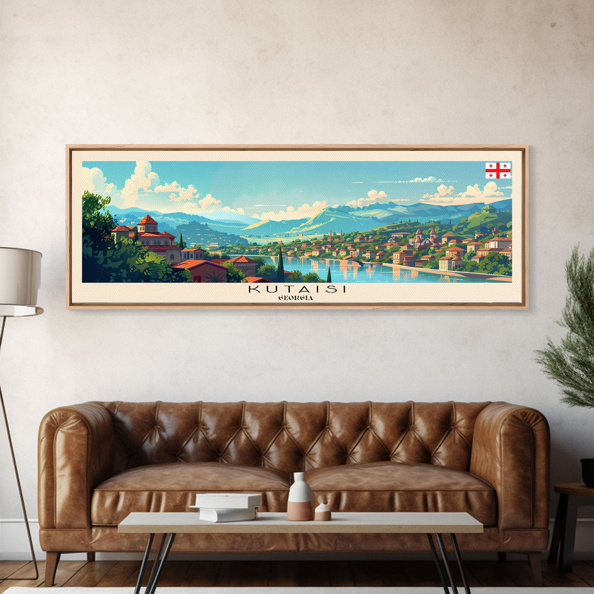 Kutaisi Georgia Panoramic Travel Poster, Framed Canvas Print or Metal Wall Art, Travel Art, Home Decor, Panoramic Painting, Midcentury Art