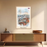 Belfast United Kingdom Travel Poster Framed Canvas Print, Wall Art, Living Room Art, Watercolor Painting, Original Art