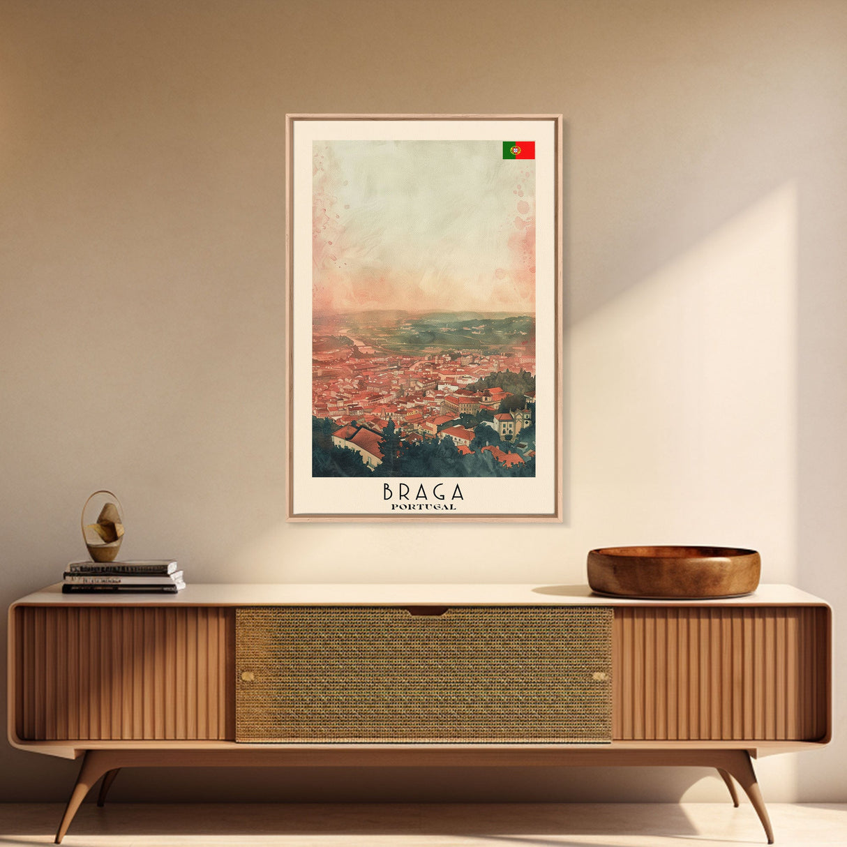 Braga Portugal Travel Poster Framed Canvas Print, Wall Art, Home Decor, Travel Print, Sunset Scene, Boho Art, Original Art