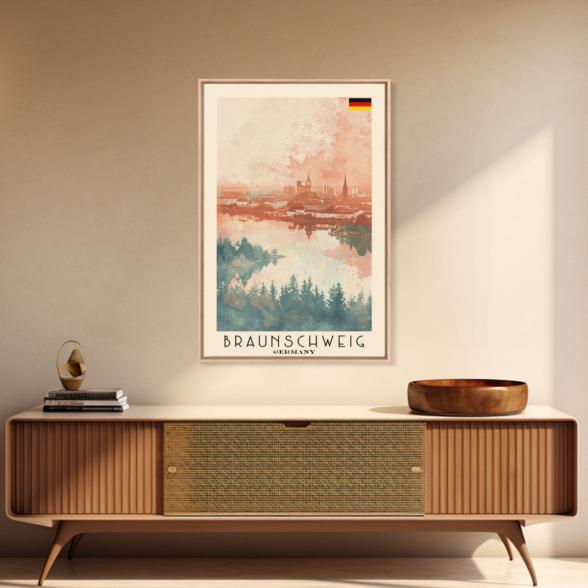 Braunschweig Germany Travel Poster Framed Canvas Print, Cityscape Art, Wall Decor, Travel Print, Watercolor Painting, Urban Scene Art