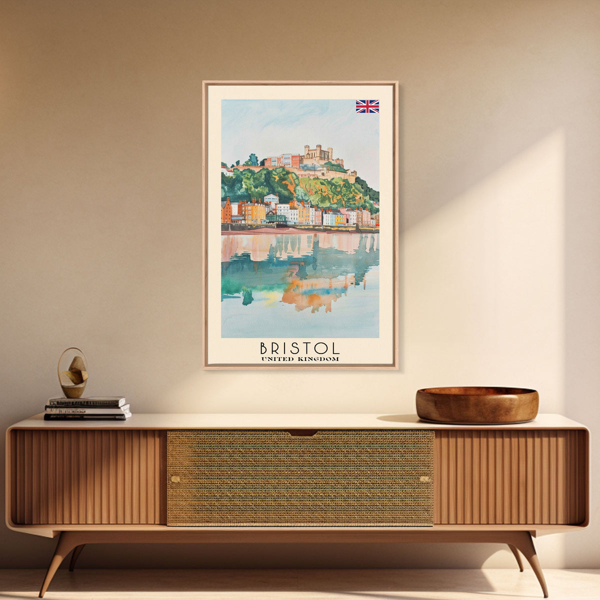 Bristol United Kingdom Travel Poster Framed Canvas Print, Cityscape Art, Wall Decor, Travel Print, Watercolor Painting, Boho Style Art