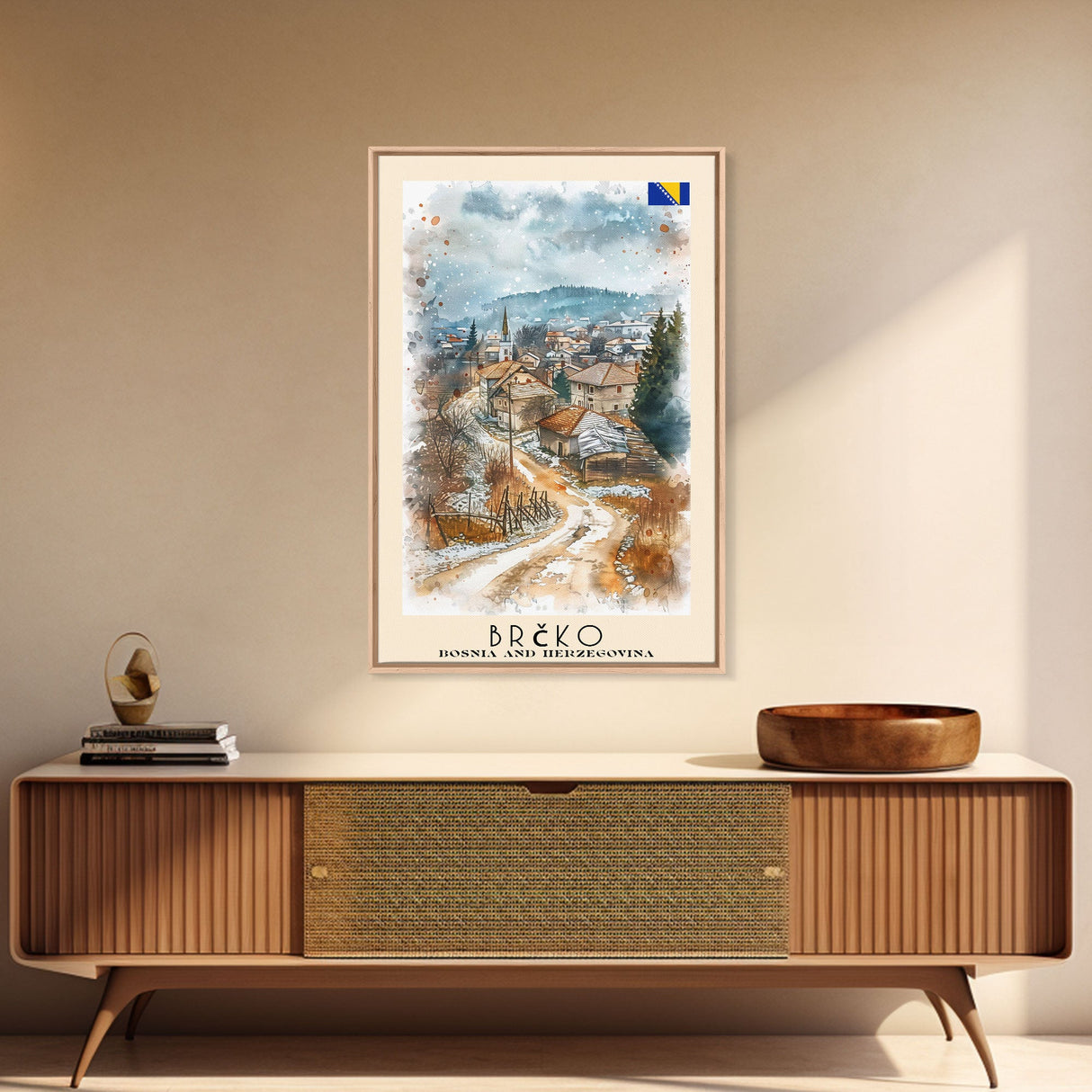 Brčko Bosnia Travel Poster Framed Canvas Print, Cityscape Art, Wall Decor, Travel Print, Watercolor Painting, Urban Scene Art