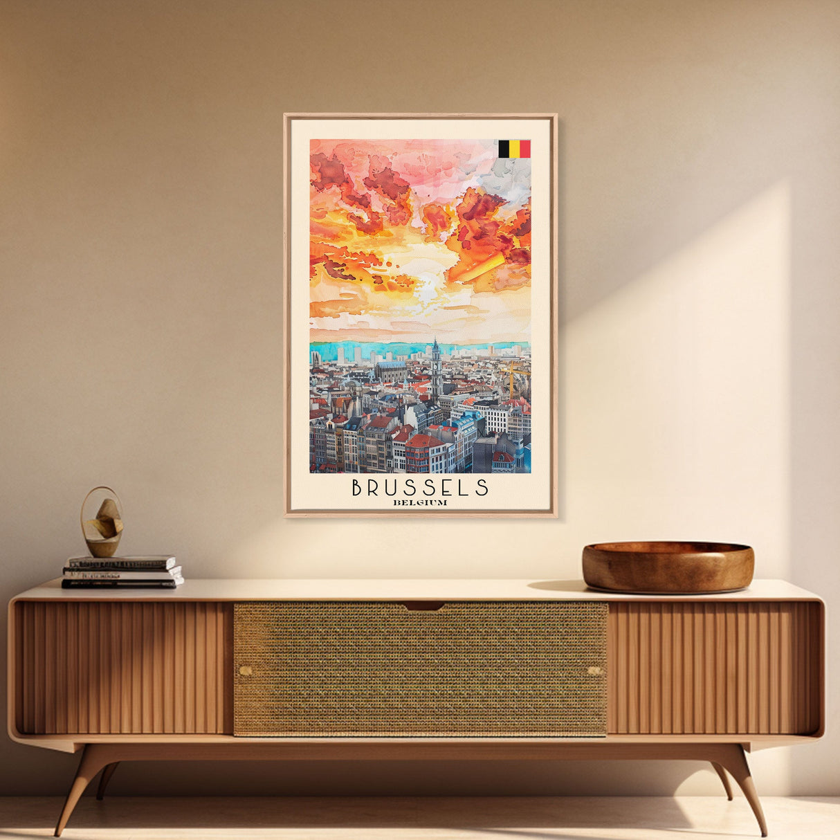 Brussels Belgium Travel Poster Framed Canvas Print, Abstract Sunset, Wall Art, Modern Home Decor, Travel Print, Watercolor Painting, Art Piece