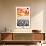 Brussels Belgium Travel Poster Framed Canvas Print, Abstract Sunset, Wall Art, Modern Home Decor, Travel Print, Watercolor Painting, Art Piece