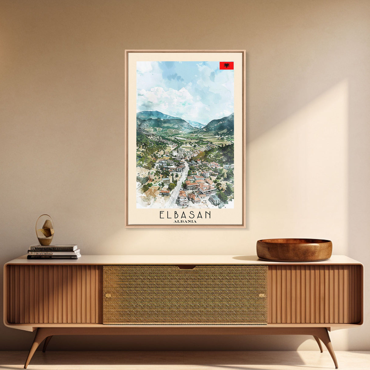 Elbasan, Albania Framed Canvas Print. Mountain Charm Wall Art for Living Room or Bedroom, Scenic Travel Poster Decor.