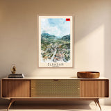 Elbasan, Albania Framed Canvas Print. Mountain Charm Wall Art for Living Room or Bedroom, Scenic Travel Poster Decor.