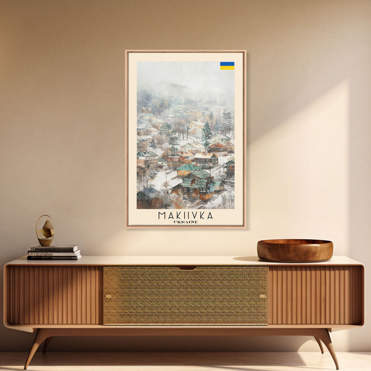 Makiivka Ukraine Travel Poster Framed Canvas Print, Urban Landscape, Watercolor Painting, Wall Art, Home Decoration, Travel Print, Unique Art
