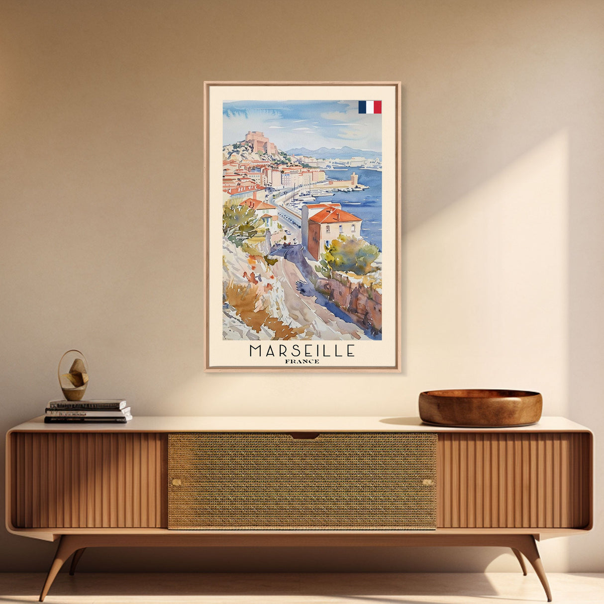 Marseille France Travel Poster Framed Canvas Print, Vibrant Cityscape, Watercolor Art, Wall Hanging, Home Decoration, Travel Print, Artistic Gift