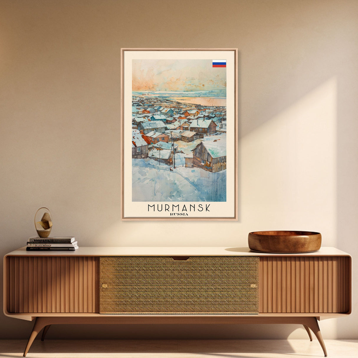Murmansk Russia Travel Poster Framed Canvas Print, Coastal Cityscape, Watercolor Painting, Wall Art, Home Decoration, Travel Print, Unique Gift