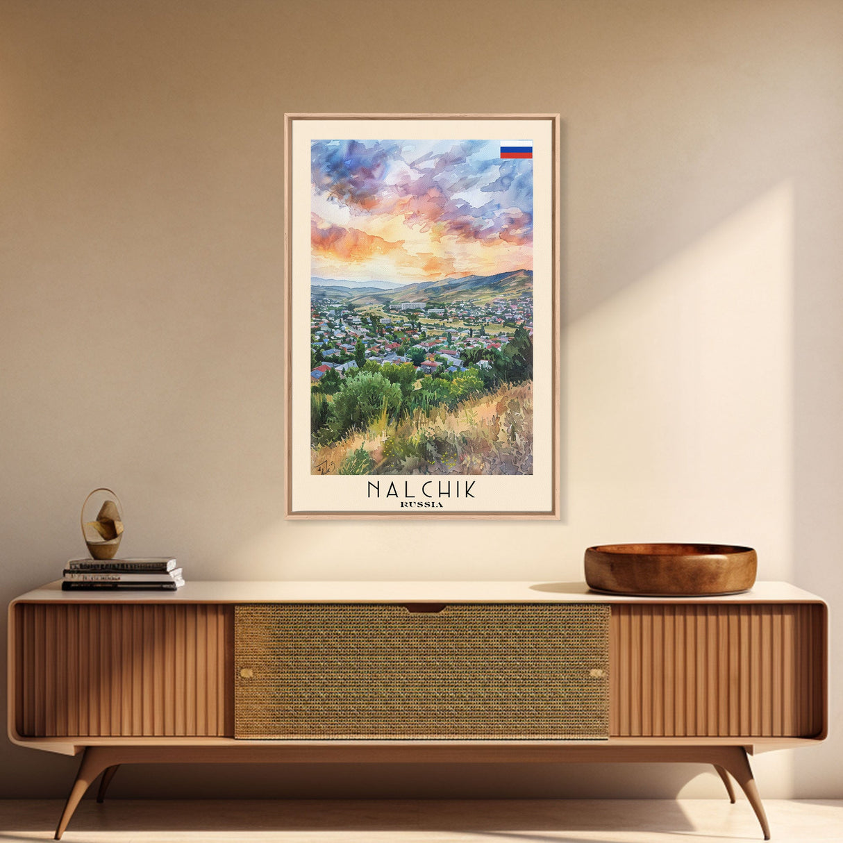 Nalchik Russia Travel Poster Framed Canvas Print, Sunset Watercolor Painting, Scenic Art, Vacation Wall Art, Living Room Decor, Unique Art