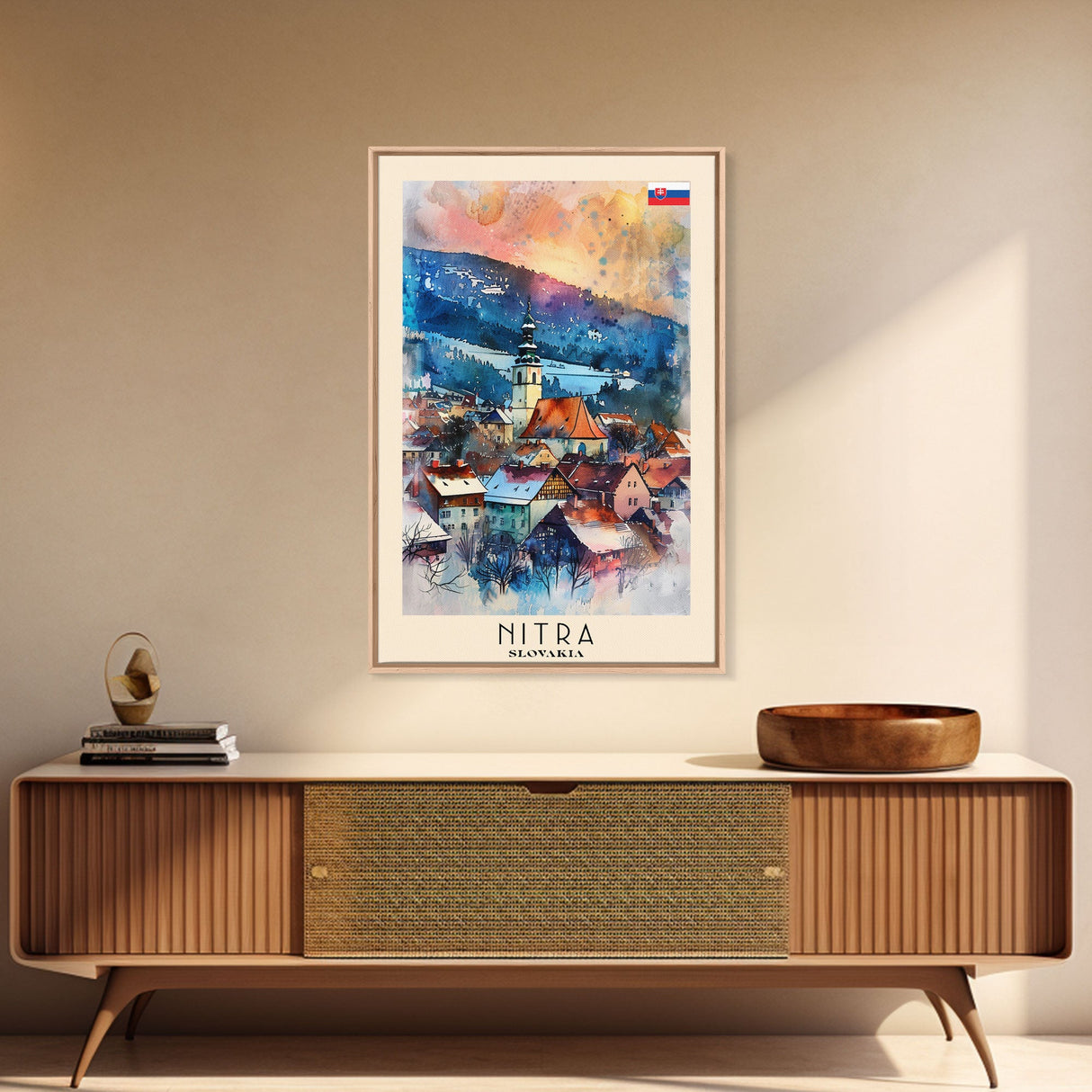 Nitra Slovakia Framed Canvas Print, Scenic Travel Poster, Watercolor Painting, Wall Art, Home Decor, Slovakian Landscape, Modern Art