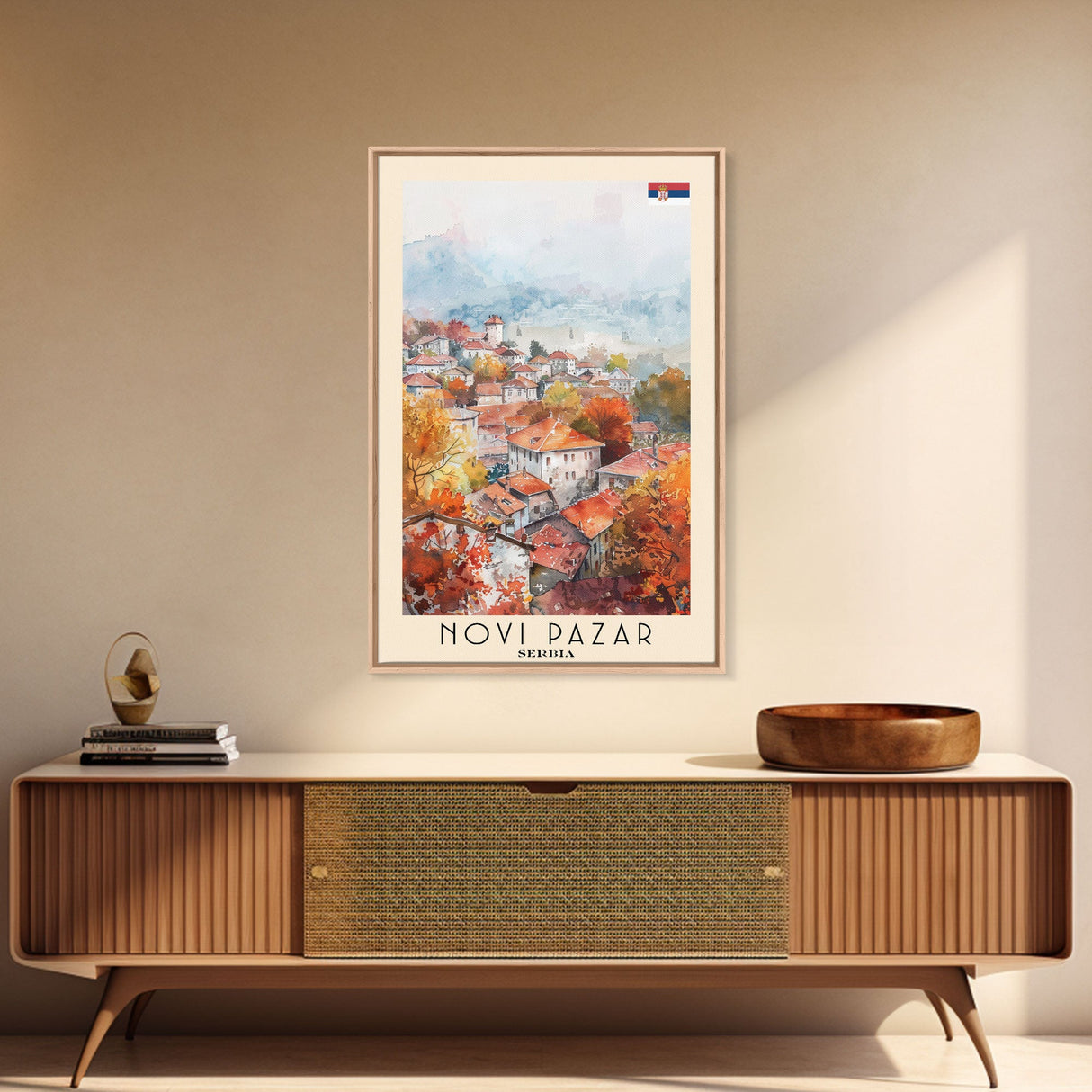 Novi Pazar Serbia Travel Poster Framed Canvas Print, Watercolor Painting, Scenic Wall Art, Home Decor, Serbian Landscape, Cultural Art