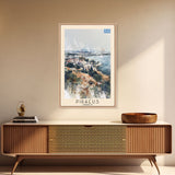 Piraeus Greece Travel Poster Framed Canvas Print, Watercolor Painting, Coastal Wall Art, Home Decor, Greek Seaside, Vibrant Art