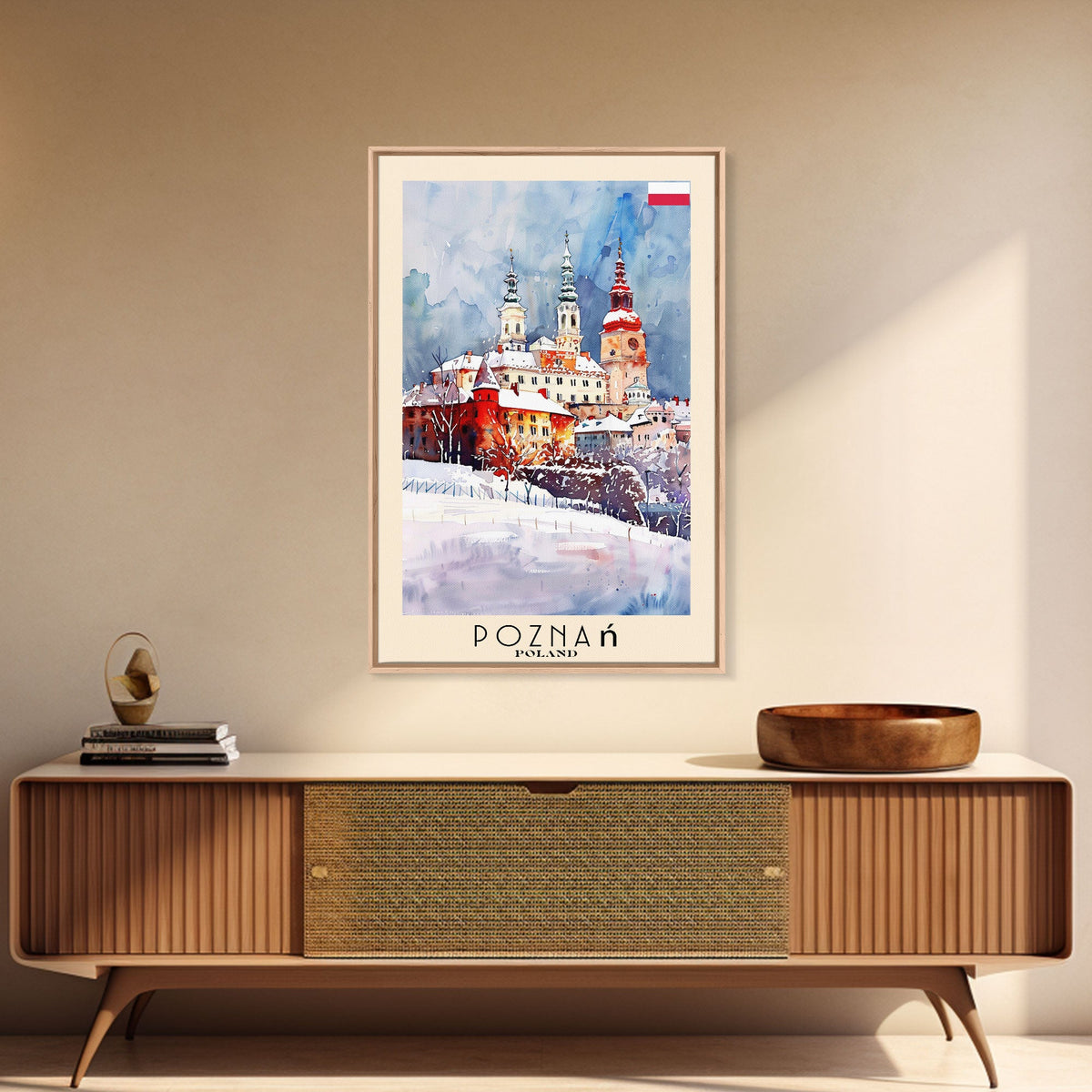Poznan Poland Travel Poster Framed Canvas Print, Watercolor Painting, Scenic Wall Art, Home Decor, Polish Cityscape, Modern Art