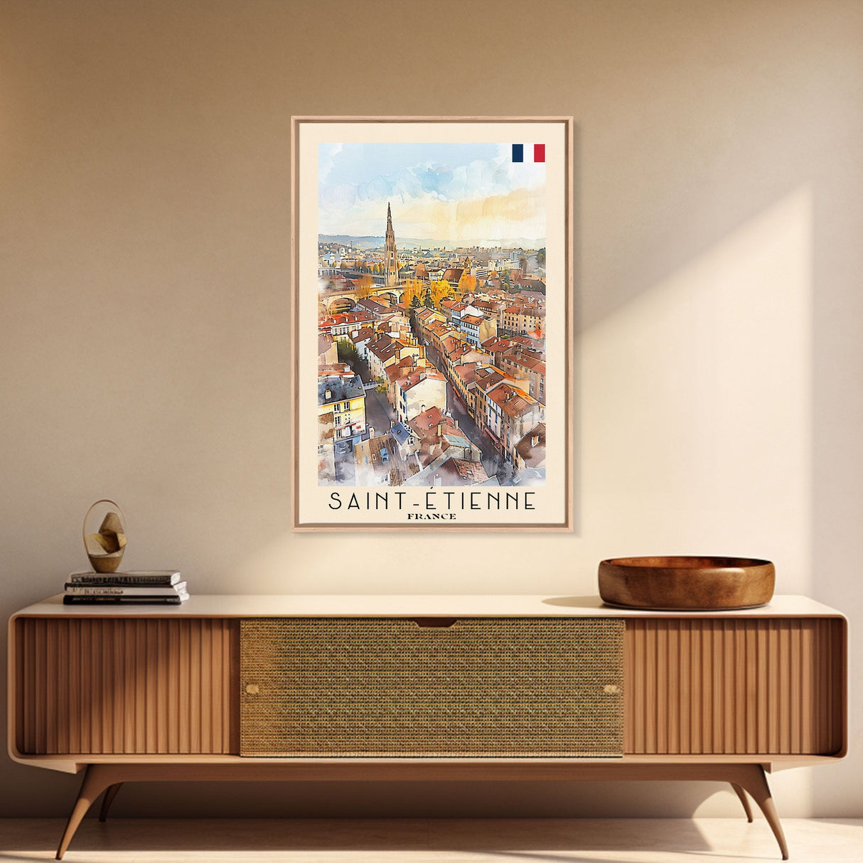 Saint Etienne France Travel Poster Framed Canvas Print, Watercolor Painting, Scenic Wall Art, Home Decor, French Cityscape, Classic Art