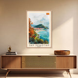 San Sebastian Spain Travel Poster Framed Canvas Print, Watercolor Painting, Coastal Wall Art, Home Decor, Spanish Seaside, Vibrant Art