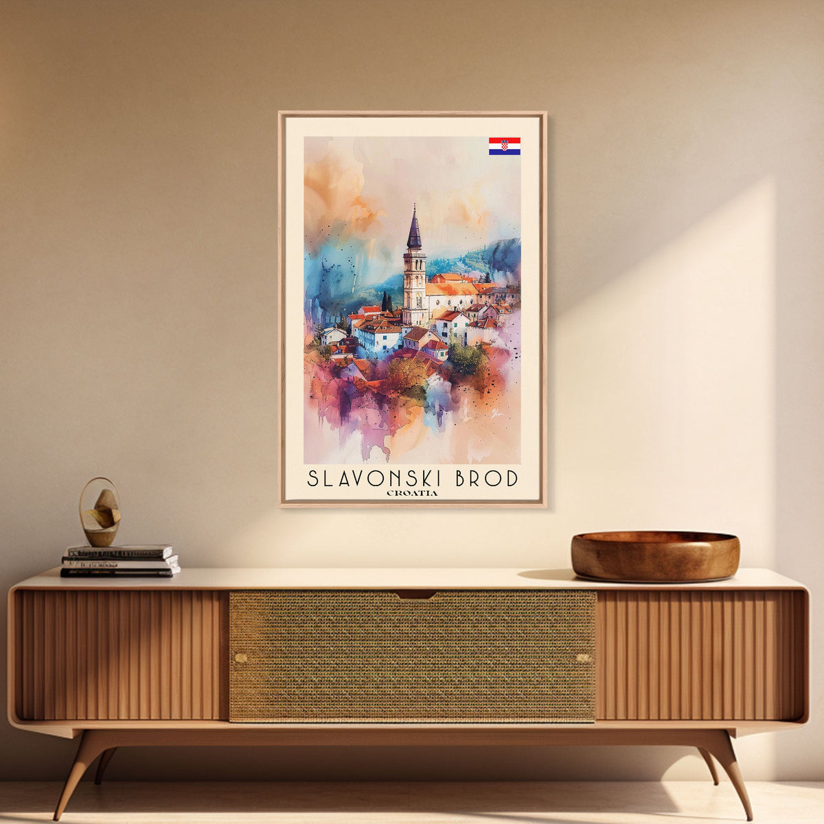 Slavonski Brod Croatia Travel Poster Framed Canvas Print, Watercolor Painting, Scenic Wall Art, Home Decor, Croatian Cityscape, Classic Art