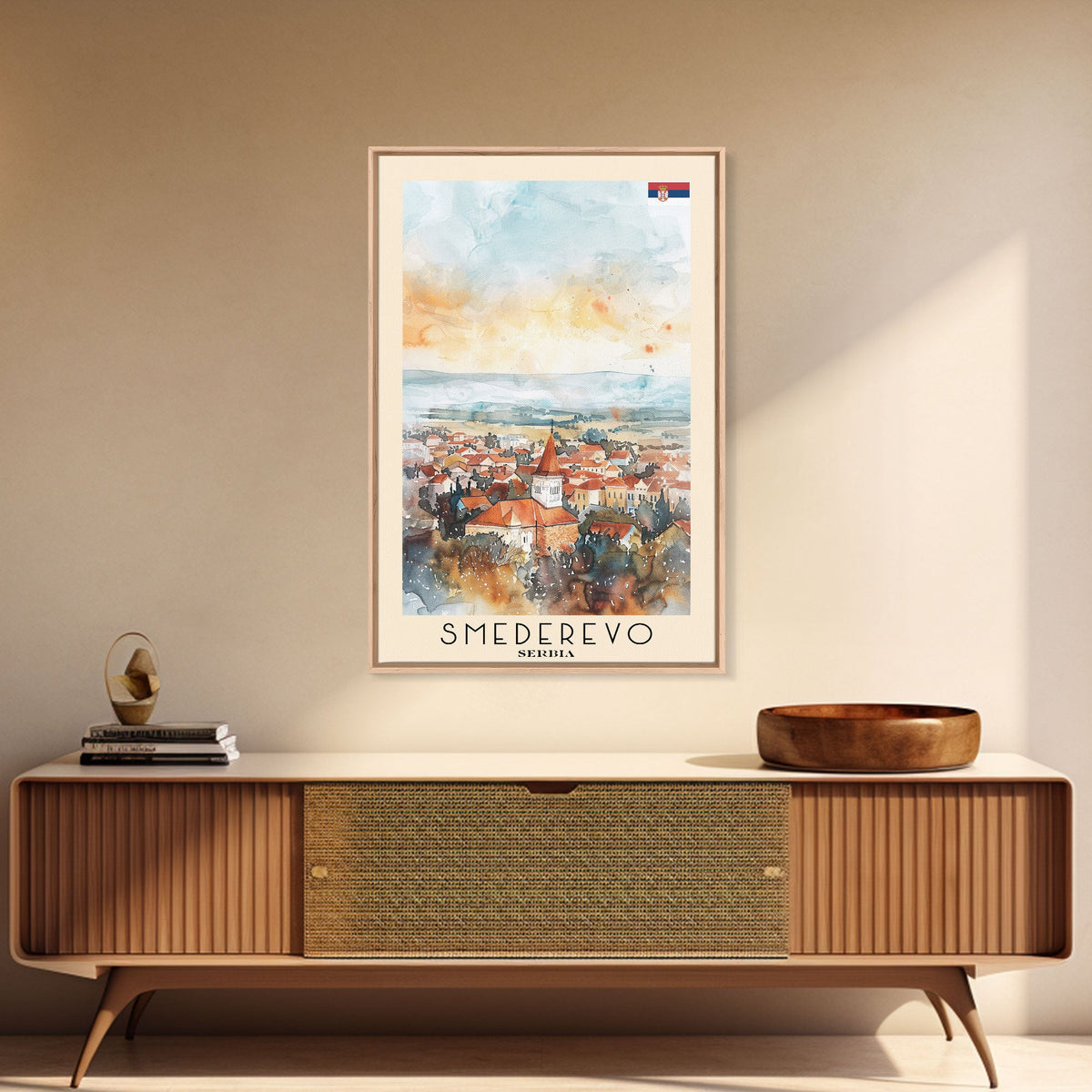 Smederevo Serbia Travel Poster Framed Canvas Print, Watercolor Painting, Scenic Wall Art, Home Decor, Serbian Cityscape, Modern Art
