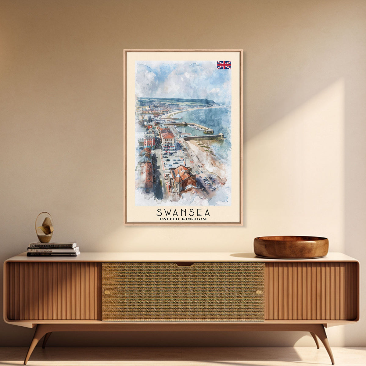 Swansea United Kingdom Travel Poster Framed Canvas Print, Watercolor Painting, Coastal Wall Art, Home Decor, British Seaside, Nautical Art