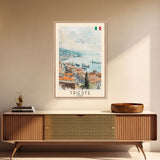 Trieste Italy Travel Poster Framed Canvas Print, Watercolor Painting, Coastal Wall Art, Home Decor, Italian Seaside, Nautical Art